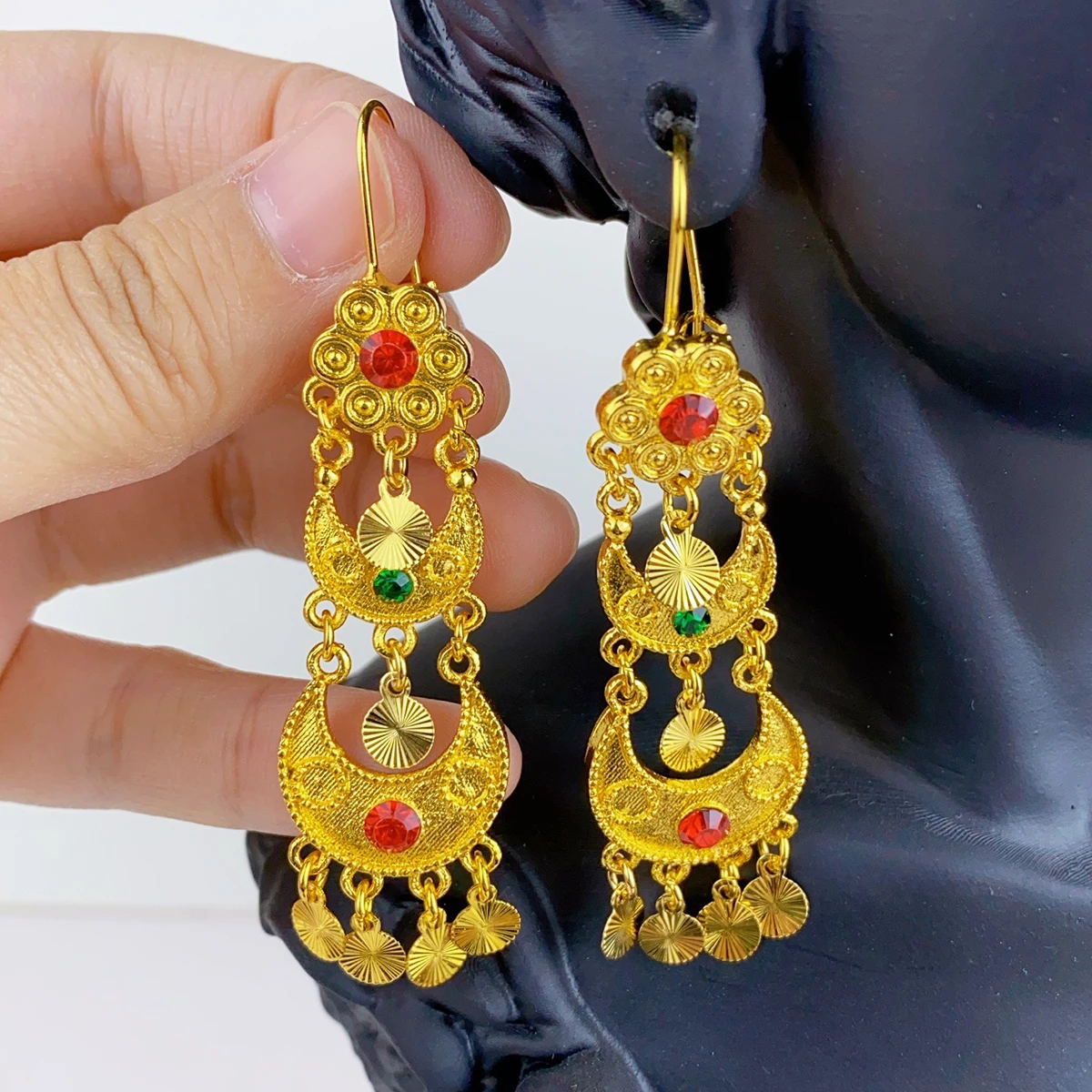 여자를위한 인도 드롭 매달려 귀걸이 쥬얼리 24K 골드 - Ethnic Fashion India 리뷰 및 가격